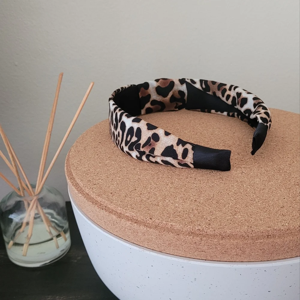 Satin wrapped knotted headband, leopard print